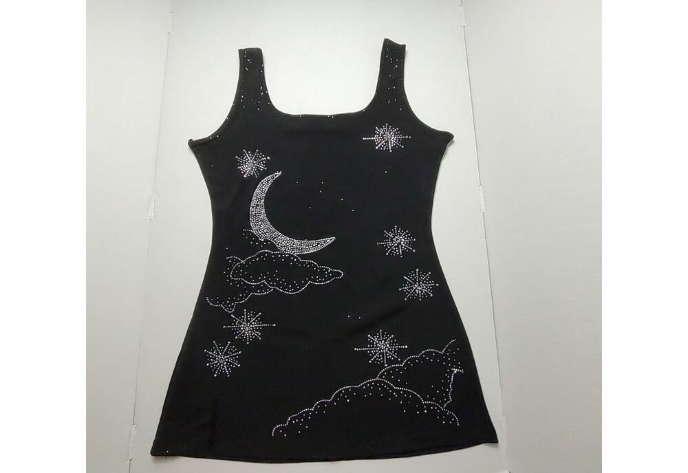 Celestrial Moon Stars Bedazzeled Bling Slit Black Tank Top Large